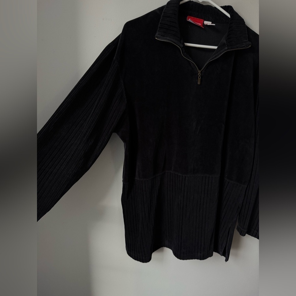 VTG Liz Claiborne Black Zip-Up Sweater Suede Cotton Pattern Pullover Soft Size L - Picture 3 of 9